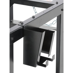 Close-up of the Lincoln Aspect 375 TIG Welder Cart K3949-1: a black metal frame with two rectangular holders, hooks, bolts, and a chain—ideal for an industrial TIG welding setup.