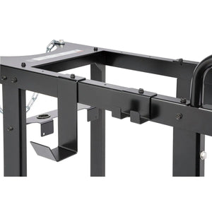 Close-up of the Lincoln Aspect 375 TIG Welder Cart K3949-1 shows a black metal frame with hooked brackets, angled supports, and a chain for added strength, highlighting the cart’s sturdy, industrial design for TIG welding setups.