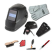 Lincoln KH977 Auto Darkening Welding Starter Kit with helmet, gloves, wire brush, magnet, chipping hammer, and marker at WeldingMart.