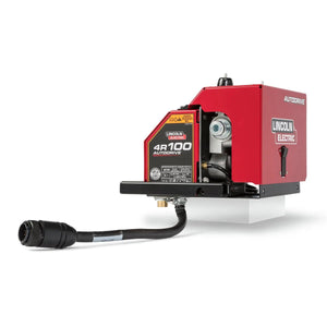 The Lincoln AutoDrive 4R100 Wire Drive K3560-1, in red and black, features a MAXTRAC Wire Drive System, visible control panel, feed rollers, and a thick black front cable; it is displayed on a white background.