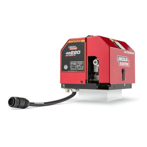 Lincoln AutoDrive 4R220 Wire Drive K3561-1 red welding wire feeder with black cable for automated welding, on white background.