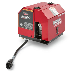 Lincoln AutoDrive 4R220 Wire Drive K3561-1 red robotic wire feeder, durable welding tool with exposed mechanism and heavy-duty cable.
