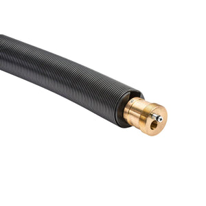 Close-up of a black, coiled Lincoln AutoDrive S Cable Fanuc 100iD KP4305-100ID with a gold-toned, threaded end piece featuring holes for adjustment, isolated on white.