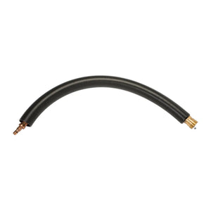 The Lincoln AutoDrive S Cable Fanuc 100iD KP4305-100ID is a flexible black corrugated hose with copper and brass connectors on both ends, shown against a white background, and is compatible with Magnum Pro Robotic Torch for industrial use.
