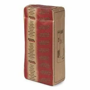 A large, rectangular brown paper sack labeled Lincoln AXXX10 FLUX 50# BAG ED027862 stands upright, featuring red and tan stripes with repeated CEMEX text. It likely contains flux for welding ASTM A533 Class 1 or A588 weathering steels.