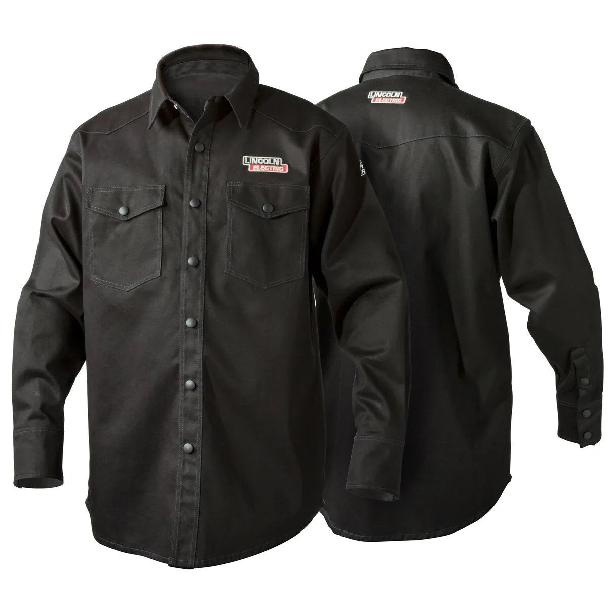 Two black welding shirts with long sleeves, button-up fronts, and collars. Each has two chest pockets with flaps and buttons, plus a red-and-white Lincoln Electric patch on the chest and back. One shirt is shown from the front, the other from the back.