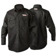 Two black welding shirts with long sleeves, chest pockets, and Lincoln Electric logos on the front left chest and upper back, displayed facing both front and back. These FR welding shirts offer both style and safety for welders.