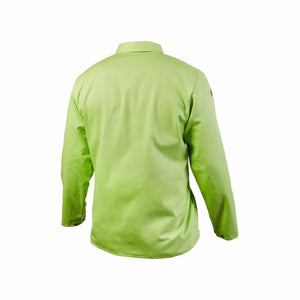 The Lincoln K4689-3XL Bright FR Cloth Welding Jacket in Safety Lime, size 3XL, is shown from the back against a white background. It features long sleeves, a collared neck, buttoned cuffs, and flame-retardant cotton fabric.