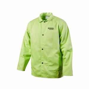 The Lincoln K4689-L Bright FR Cloth Welding Jacket, size large in safety lime, features black snap buttons, a collar, and the black Lincoln Electric logo on the left chest. Shown unworn on a white background.
