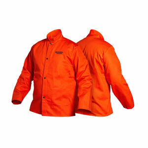 Two Lincoln K4688-L Bright FR Cloth Welding Jackets in safety orange, size large, are shown front and back. Each long-sleeved jacket features a collar, snap buttons, a left chest black logo, and sturdy flame-retardant cotton material.