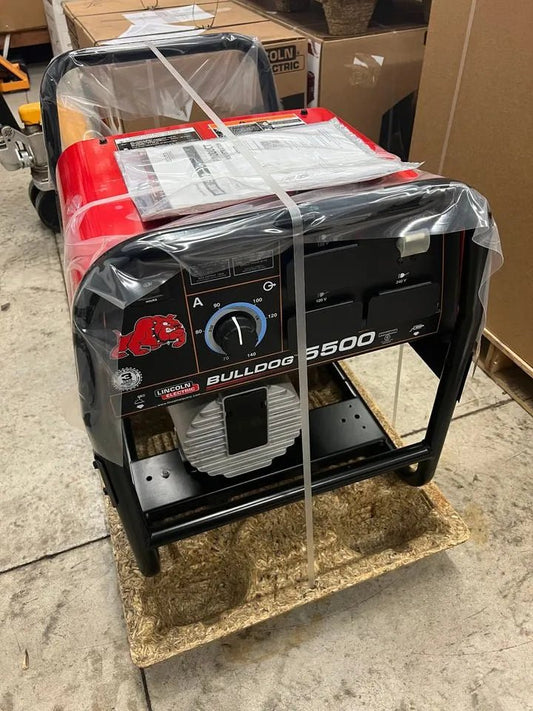 Lincoln Bulldog 5500 Engine Driven Welder Kohler U2708-2 on pallet, wrapped in plastic, warehouse-ready welding equipment.