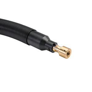 Lincoln Magnum PRO Fanuc 100iD KP3066-100ID welding cable assembly with black corrugated hose and brass connector on white background.