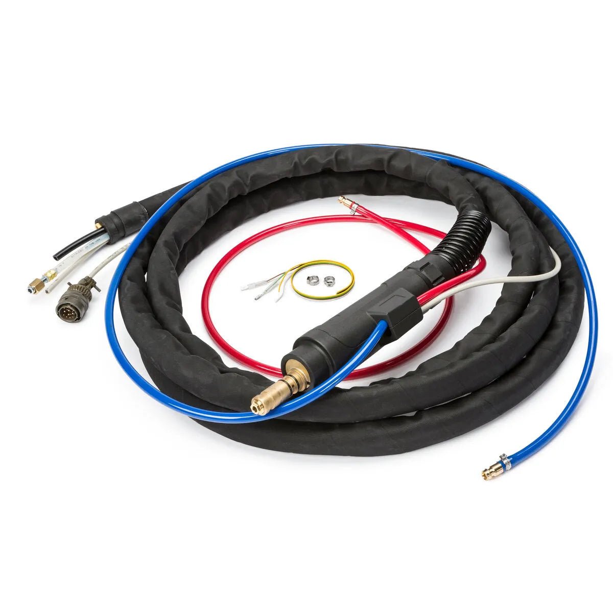 Lincoln Cable Assembly Water Cooled 15 ft KP3549-15 for welding, coiled with connectors and fittings on a white background.