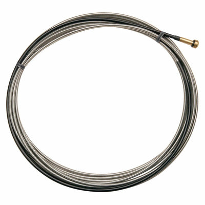 A coiled, flexible metal cable with a brass fitting on one end, like the Lincoln cable liner, commonly used as a plumbing snake or drain auger for unclogging pipes.