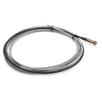 The Lincoln Cable Liner .025-.030 in (0.6-0.8 mm) 15 ft (4.6 m) KP42-25-15 features a coiled metal design with a threaded brass end, silver finish, and black sheath, displayed neatly looped on a plain white background.