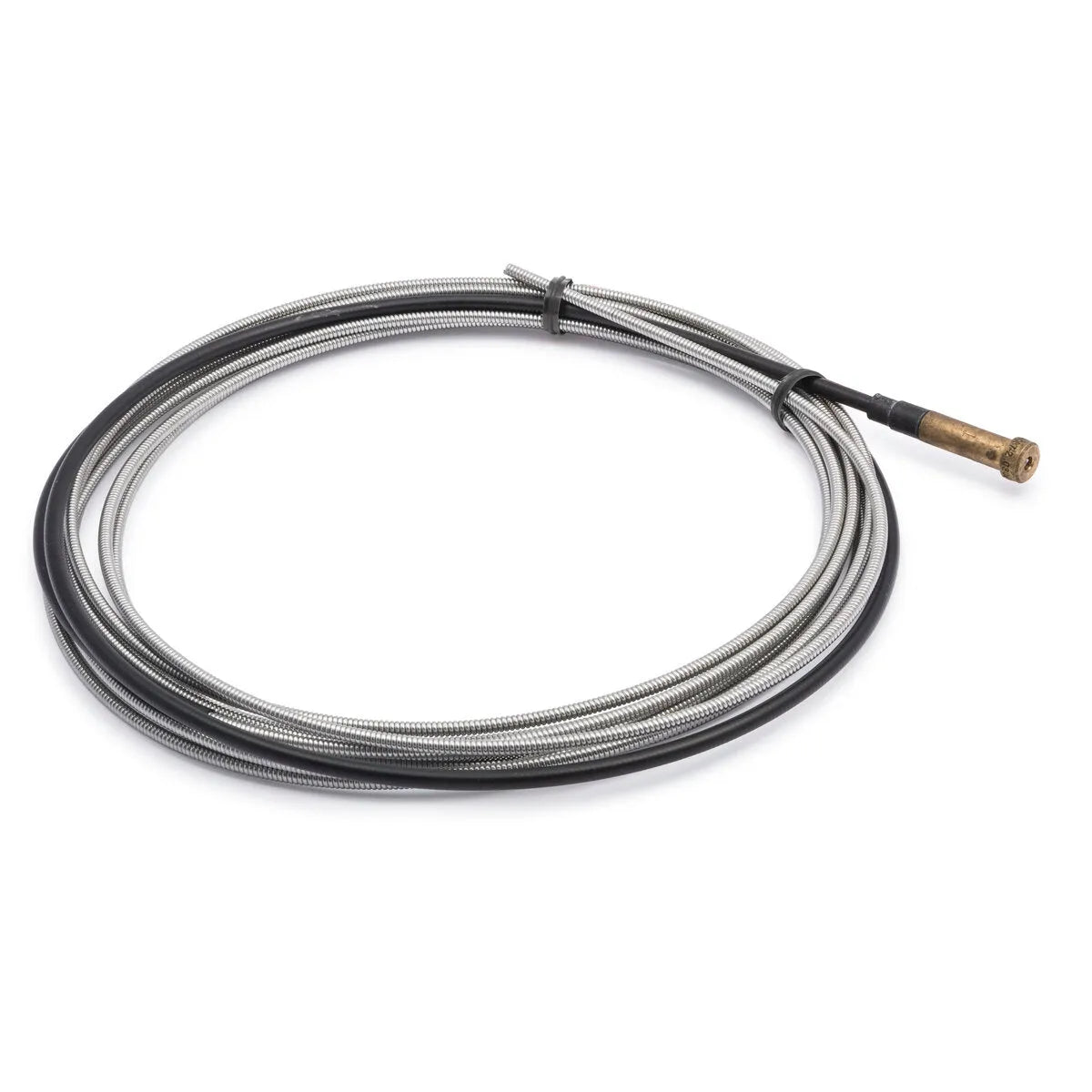 The Lincoln Cable Liner .035-.045 in (0.9-1.2 mm), 15 ft, KP42-4045-15-B10, is a flexible, silver-braided cable with a black sheath, brass fitting for Magnum PRO Guns on one end and plain on the other; packed in sets of 10.