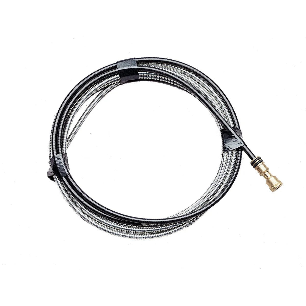 The Lincoln Cable Liner .052-1/16 in (1.3-1.6 mm) 25 ft (7.6 m) KP45-116-25 is a coiled, flexible silver metal cable with black accents, featuring a brass attachment on one end and secured with black twist ties on a white background.