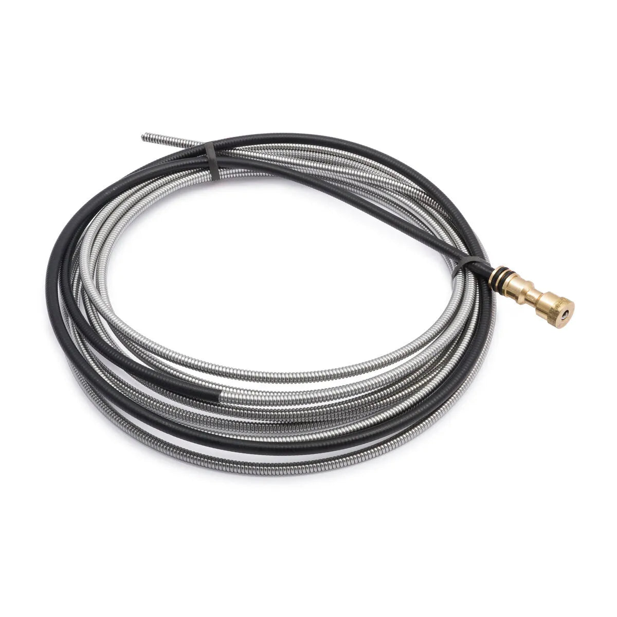 The Lincoln Cable Liner 7/64-1/8 in (2.8-3.2 mm) 25 ft (4.6 m) KP45-18-25 is a flexible, silver steel cable with a brass fitting and black plastic sheath, ideal for clearing pipe and drain clogs.