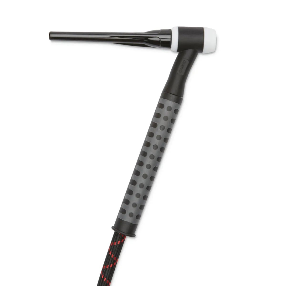The Lincoln Caliber 17 Series TIG Torch Flexible, 25 ft (7.6 m) K4841-17F-2, features a black and gray textured grip, flexible head, long slim nozzle with white ceramic tip, and a black cable with red threading. Angled right on a white background.