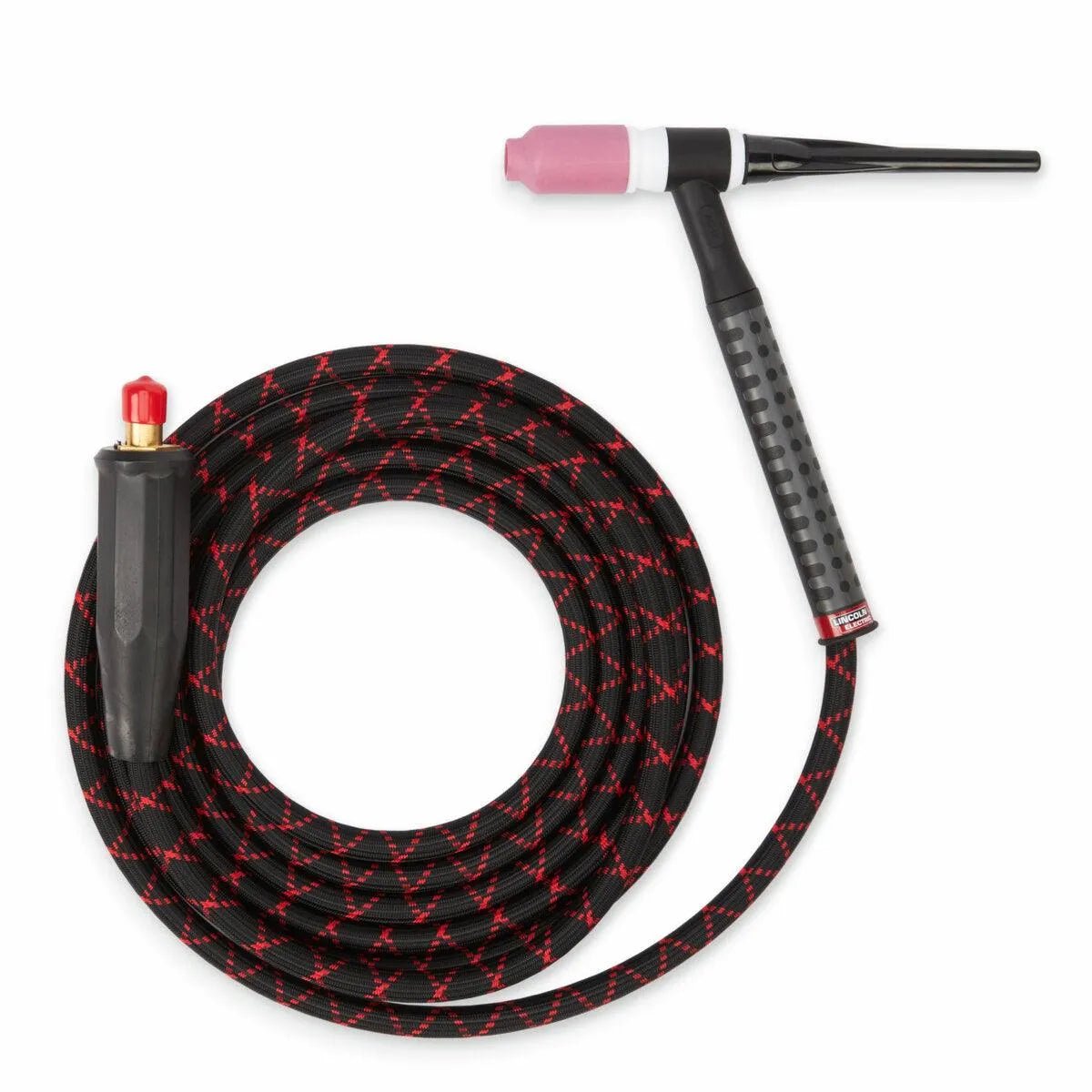 The Lincoln Caliber 17 Series TIG Torch Ready-Pak (12.5 ft, K5339-17F-1) features a black and red braided flexible hose, pink ceramic nozzle, gas flow connector with red cap, and a textured black handle for superior grip.