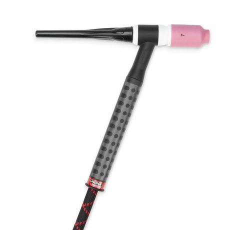 The Lincoln Caliber 17 Series TIG Torch Ready-Pak Rigid, 12.5 ft (K5339-17-1), features an ergonomic black and gray textured handle, a long black nozzle, a #7 pink ceramic cup, and a black cable with red accents at the base.