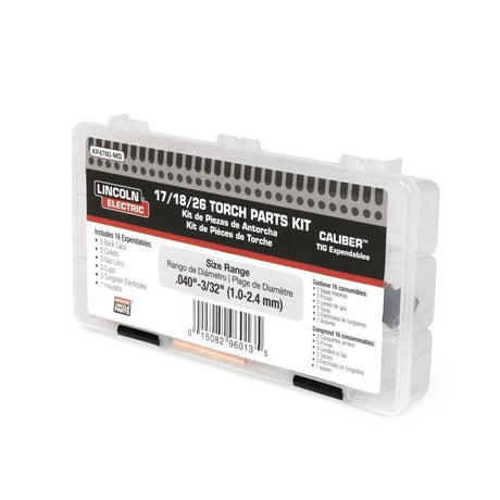 A clear case labeled Lincoln Caliber 17/18/26 Series TIG Torch Expendables Kit 0.040-3/32 KP4760-MD displays included items and a barcode on the front.