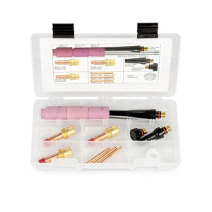 The Lincoln Caliber 17/18/26 Series TIG Torch Expendables Kit (0.040-3/32, KP4760-MD) comes in a labeled organizer with pink ceramic cups, copper nozzles, brass fittings, tungsten electrodes, and a parts guide inside the lid.