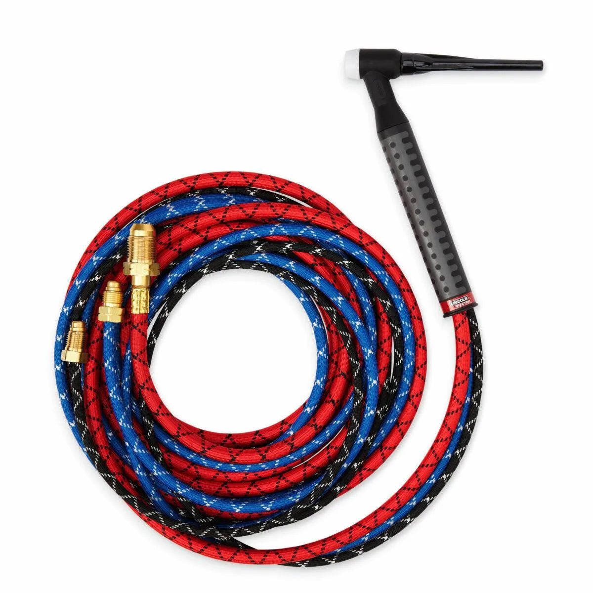The Lincoln Caliber 18 Series TIG Torch Flexible, 25 ft (7.6 m) K4843-18F-2 features a flexible diamond-patterned hose, gold metal connectors, black and gray textured handle, and sleek black nozzle for premium TIG welding.