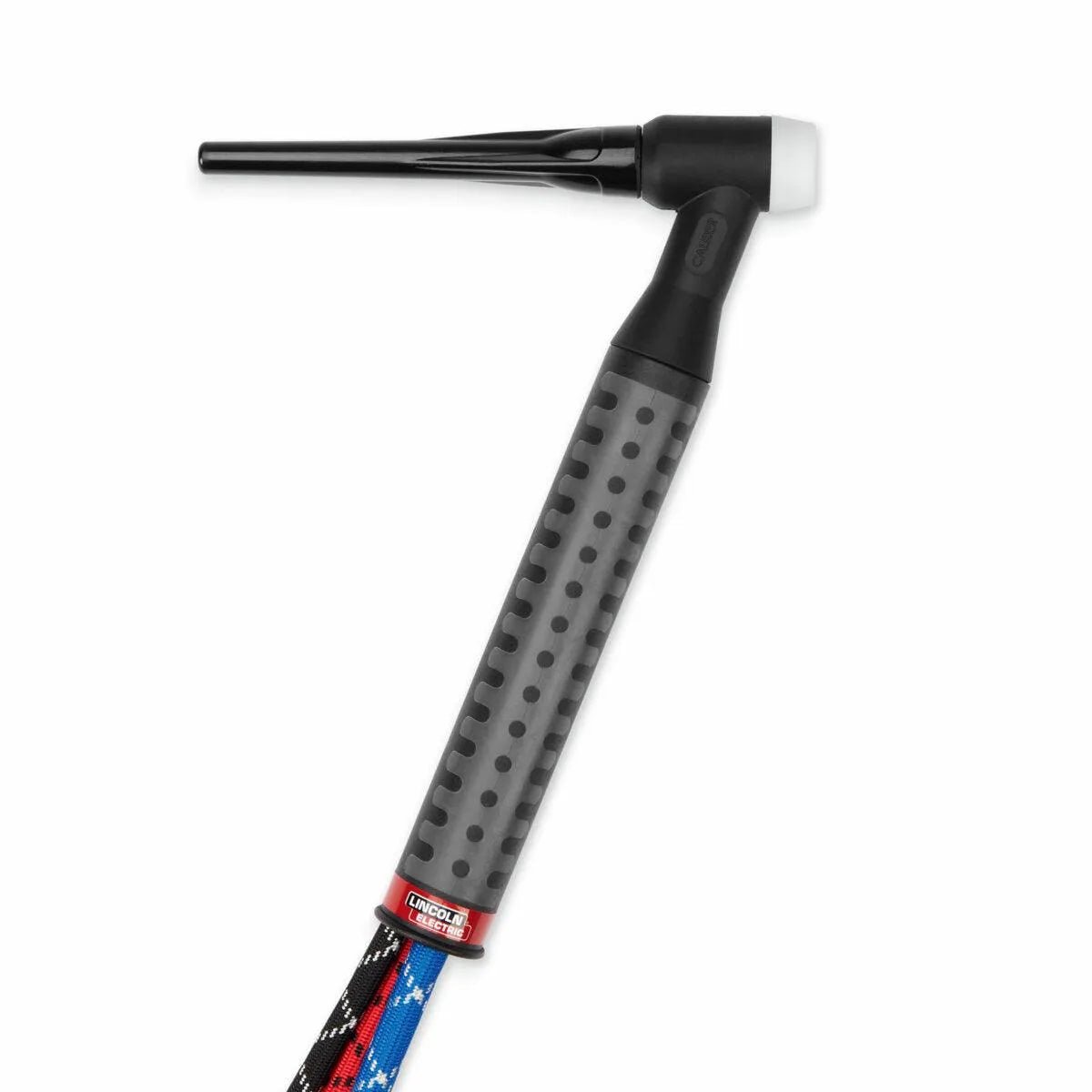 The Lincoln Caliber 18 Series TIG Torch Rigid, 12.5 ft (3.8 m) K4843-18-1 features a gray and black ergonomic handle, black angled neck, white ceramic nozzle, and a cable in a blue, black, and red patterned protective cover.
