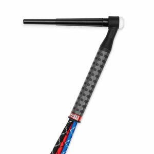 The Lincoln Caliber 20 Series TIG Torch Rigid, 25 ft (7.6 m) K4845-20-2 features a black and gray T-shaped handle with a textured grip and a rotating top for smooth, flexible cable movement in blue, red, white, and black.