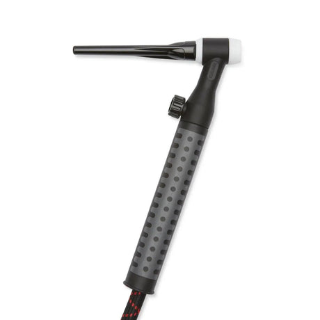A black and gray handheld bicycle pump featuring a textured, dotted grip, long top nozzle, side adjustment knob, and flexible hose—styled after the precise design of the Lincoln Caliber 26 Series TIG Torch Flex/Valve K4842-26FV-1.