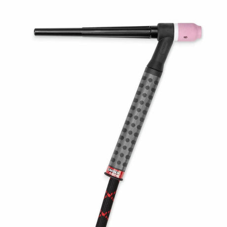 A Lincoln Caliber 9 Series TIG Torch Ready-Pak Flexible, 12.5 ft (K5340-9F-1), with a textured gray/black grip, black body, pink ceramic nozzle, and black-and-red braided cable is shown horizontally on a white background, nozzle right.