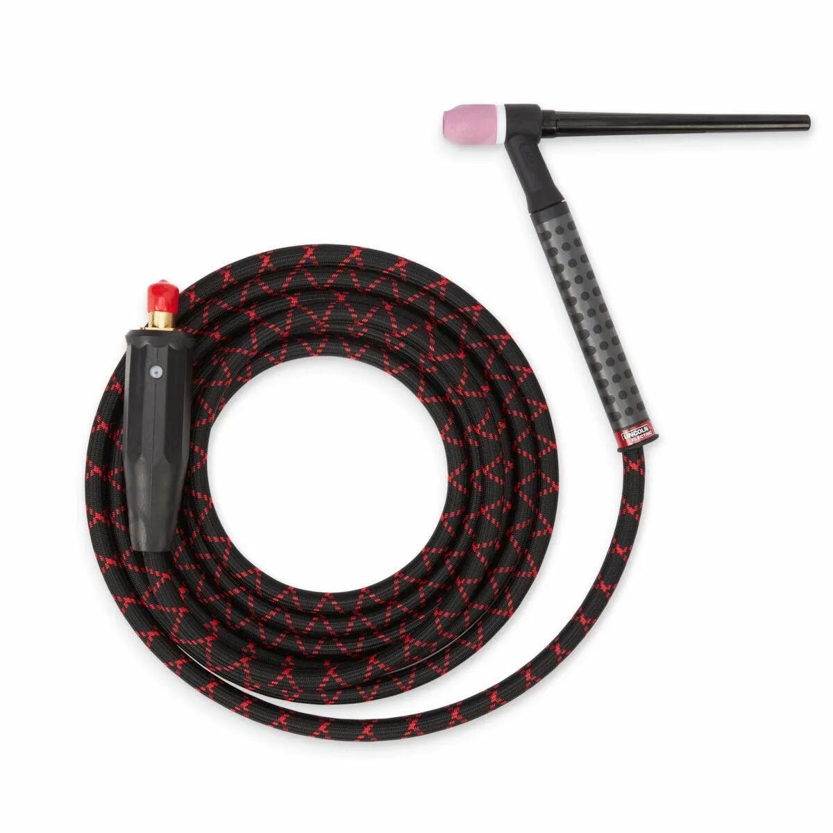 The Lincoln Caliber 9 Series TIG Torch Ready-Pak Rigid, 12.5 ft (K5340-9-1), features a coiled black hose with red zigzags, a flexible torch with a pink ceramic nozzle, a textured gray and black handle, and a black connector with red cap.