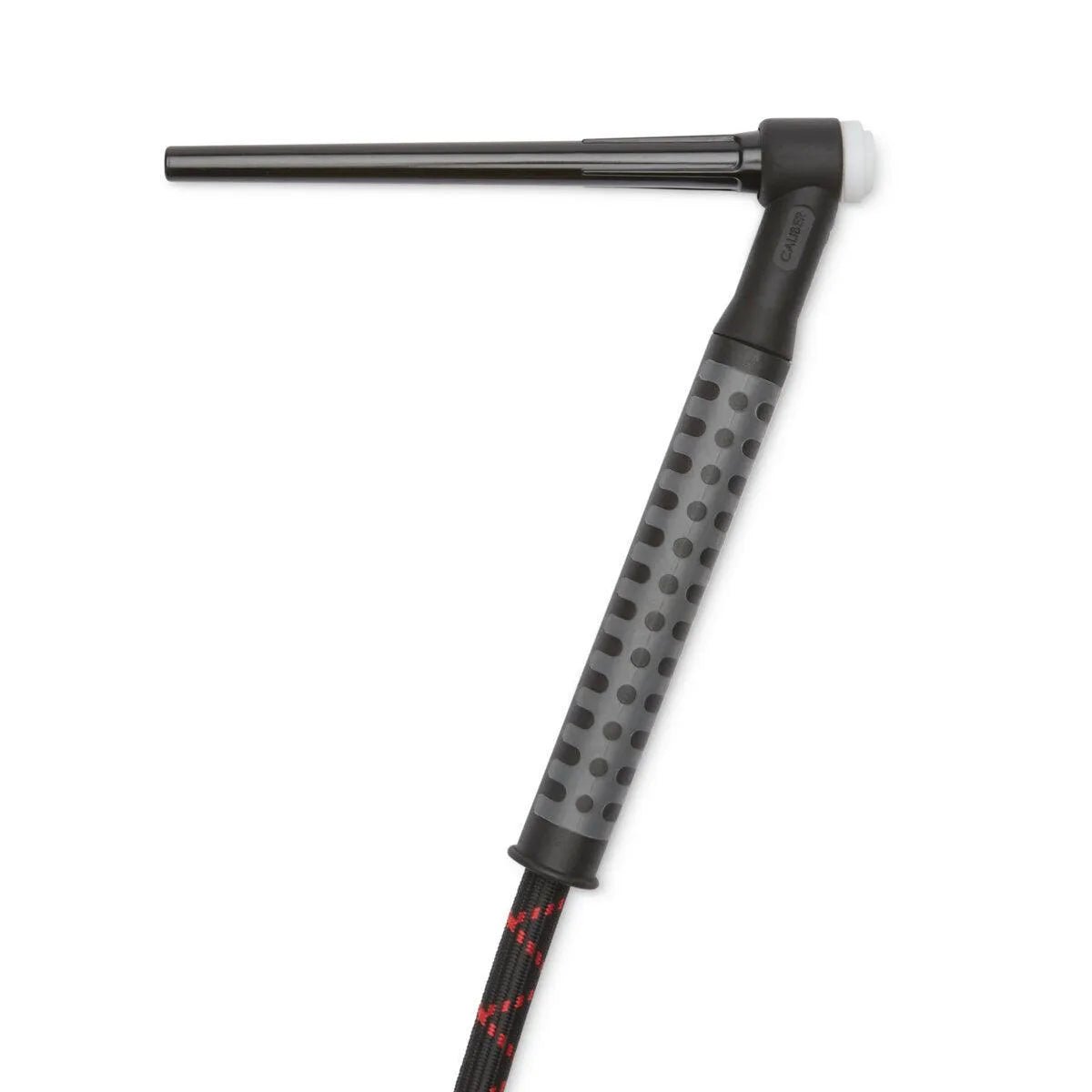 A close-up of the Lincoln Caliber 9 Series TIG Torch Rigid, 25 ft (K4844-9-2), shows its black handle with a textured gray grip and a nozzle attached to a black hose with red and white stripes, angled at 90° against a plain white background.