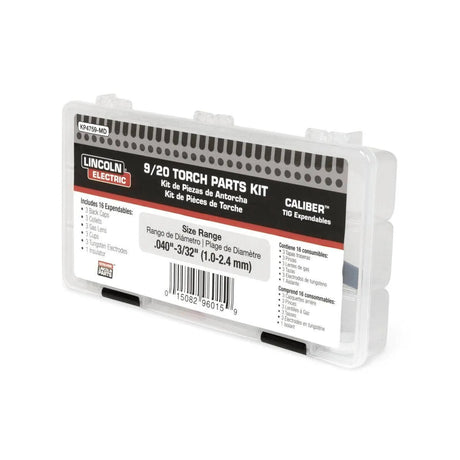 A clear plastic case labeled “Lincoln Caliber 9/20 Series TIG Torch Expendables Kit 0.040-3/32 KP4759-MD” contains expendables for 9/20 torches, with branding, item details, barcode, and a bilingual parts list on the front.