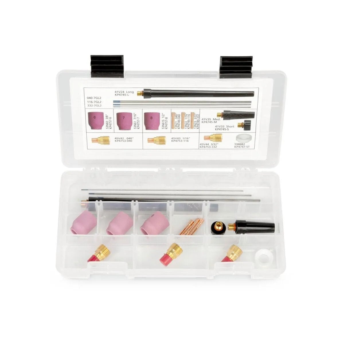 The Lincoln Caliber 9/20 Series TIG Torch Expendables Kit 0.040-3/32 KP4759-MD comes in a clear case with black clips, labeled lid, and compartments for pink cups, brass fittings, rods, and a black nozzle—all neatly organized.