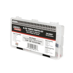 A clear plastic case labeled “Lincoln Caliber 9/20 Series TIG Torch Expendables Kit 1/16-1/8 KP4759-HD” holds 16 TIG torch consumables, ideal for gas lens setup and assorted torch parts.