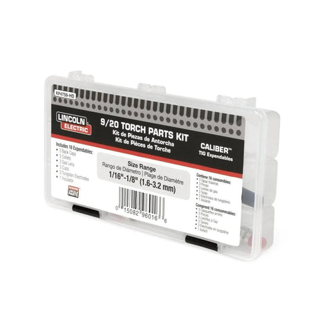 A clear plastic case labeled “Lincoln Caliber 9/20 Series TIG Torch Expendables Kit 1/16-1/8 KP4759-HD” holds 16 TIG torch consumables, ideal for gas lens setup and assorted torch parts.
