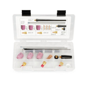 The Lincoln Caliber 9/20 Series TIG Torch Expendables Kit 1/16-1/8 KP4759-HD comes in a clear plastic case with labeled compartments for ceramic cups, brass nozzles, rods, and collets for easy organization and reference.