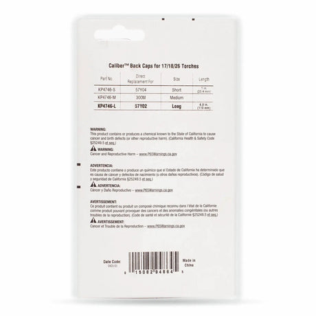 The image shows the back of Lincoln Caliber Back Cap Long packaging for 17/18/26 Torches (2/pack, KP4746-L), listing part numbers, direct replacements, lengths, tungsten electrode warnings, barcodes, and website information.