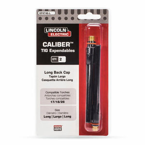 The Lincoln Caliber Back Cap Long, 17/18/26 Torches 2/pack (KP4746-L) includes two long back caps in red, white, and black packaging with a window displaying the caps.