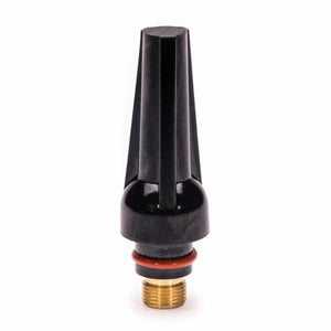 The Lincoln Caliber Back Cap Medium (KP4746-M-B10), for 17/18/26 torches, features black plastic and metal construction, a brass connector, and an orange seal ring; fits Lincoln models. Pack of 10.