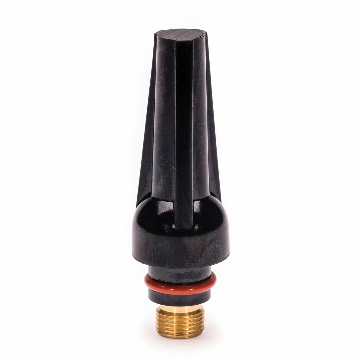 A Lincoln Caliber Back Cap Medium (KP4746-M) for 17/18/26 torches sits upright on a white background. The black plastic cap, with vertical fins, features a brass threaded end and orange O-ring. Package contains two caps.