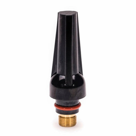 A Lincoln Caliber Back Cap Medium (KP4746-M) for 17/18/26 torches sits upright on a white background. The black plastic cap, with vertical fins, features a brass threaded end and orange O-ring. Package contains two caps.