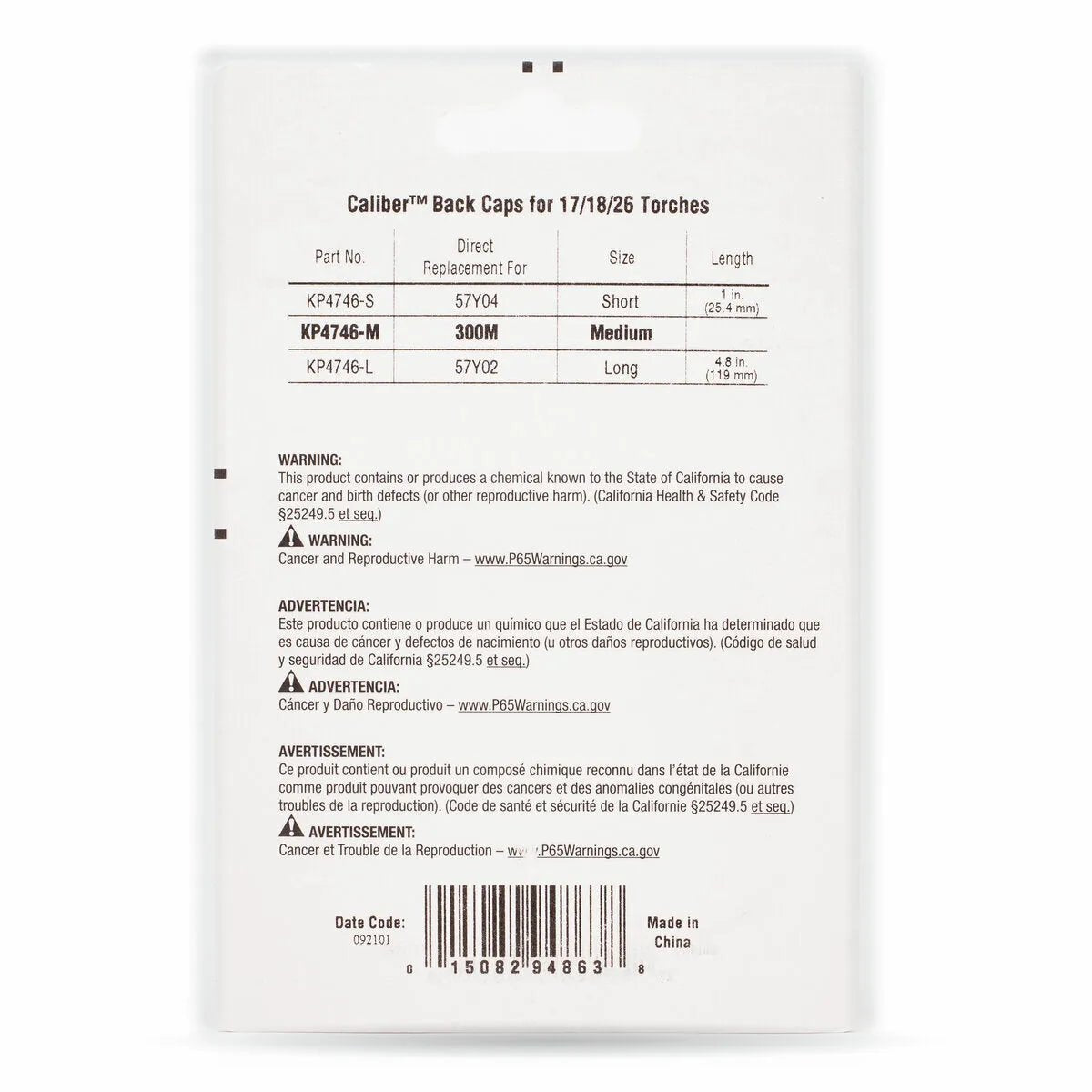 A white product label shows Lincoln Caliber Back Cap Medium, 17/18/26 Torches 2/pack KP4746-M, tungsten electrode info, part numbers, cancer warnings, website links, date code, “Made in China,” and manufacturer details.
