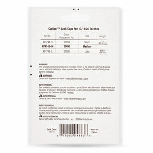 A white product label shows Lincoln Caliber Back Cap Medium, 17/18/26 Torches 2/pack KP4746-M, tungsten electrode info, part numbers, cancer warnings, website links, date code, “Made in China,” and manufacturer details.