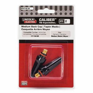 A red and white Lincoln Electric CALIBER TIG Expendables package contains two Lincoln Caliber Back Cap Mediums (KP4746-M) for 17/18/26 TIG torches, with black caps, gold threads, and orange rings visible through the window.