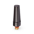A Lincoln Caliber Back Cap Medium for 9/20 torches (KP4745-M-B10, 10/pack) features a tapered, cone-shaped black design with angular sides and a brass male threaded connector with red washer at the bottom.