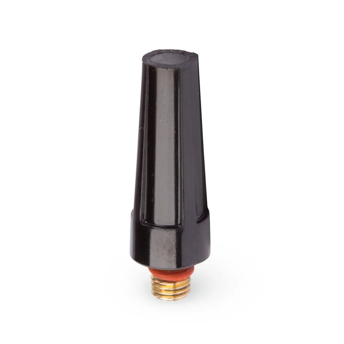 A Lincoln Caliber Back Cap Medium for 9/20 torches (KP4745-M-B10, 10/pack) features a tapered, cone-shaped black design with angular sides and a brass male threaded connector with red washer at the bottom.