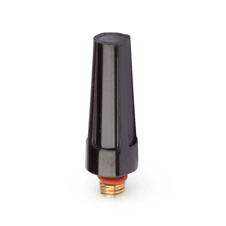 A Lincoln Caliber Back Cap Medium for 9/20 torches (KP4745-M-B10, 10/pack) features a tapered, cone-shaped black design with angular sides and a brass male threaded connector with red washer at the bottom.